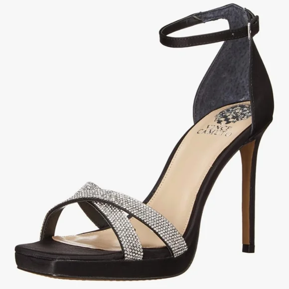 NEW Vince Camuto Kalvira2 Black Satin Stiletto Heeled Strappy Sandal 9 - Picture 1 of 9
